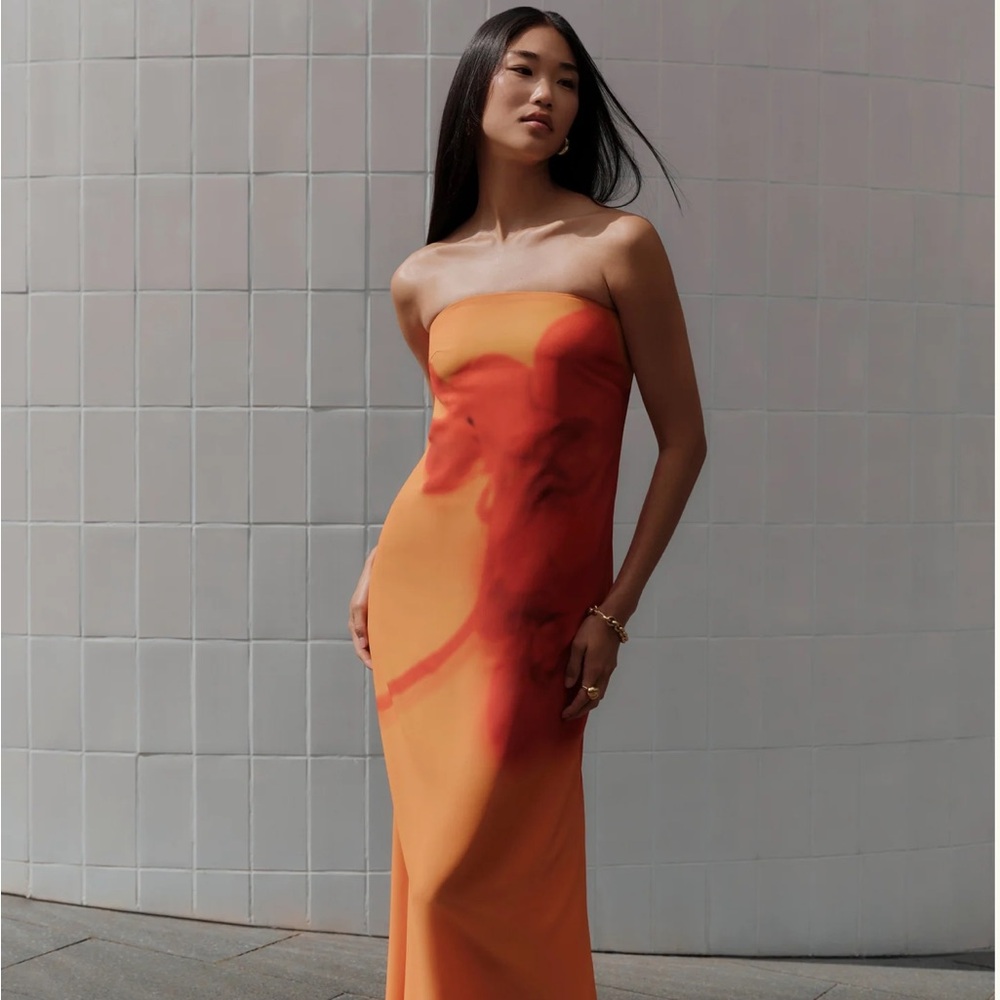 Meshki Amaya strapless chiffon maxi koi orchid print dress